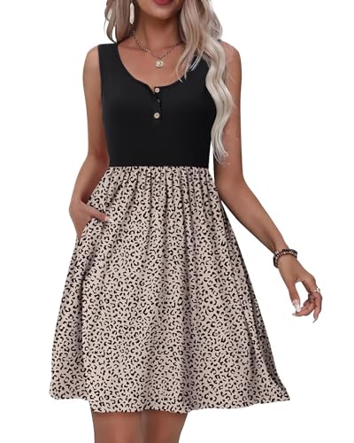 Tanmolo Kleid Damen Sommer Knielang Freizeitkleider Knopf Tank Kleid Mit Taschen Elastic Dress (Schwarz-Kleiner Leopard M)