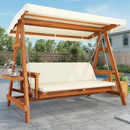 Merax Hollywoodschaukel 3-Sitzer, aus Lärchenholz mit Sonnendach, robuste Gartenschaukel mit Auflagen, seitliche Ablagen, windstabile Konstruktion, Gartenmöbel für Terrasse und Balkon