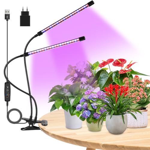 Pflanzenlampe LED Vollspektrum, 2 Heads Wachstumslampe für Pflanzen mit Timer & 10-Stufig Dimmbar, Grow Light mit Auto ON & Off Timer für Hydroponik, Indoor-Garten, Blumen und Gemüse, Energiesparend