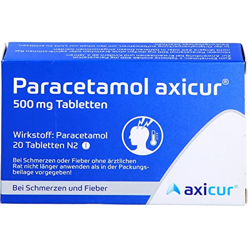 Paracetamol axicur 500 mg Tabletten, bei Schmerzen und Fieber, rasche Linderung von Kopfschmerzen, Zahnschmerzen, Regelschmerzen und Fieber, 20 Tabletten