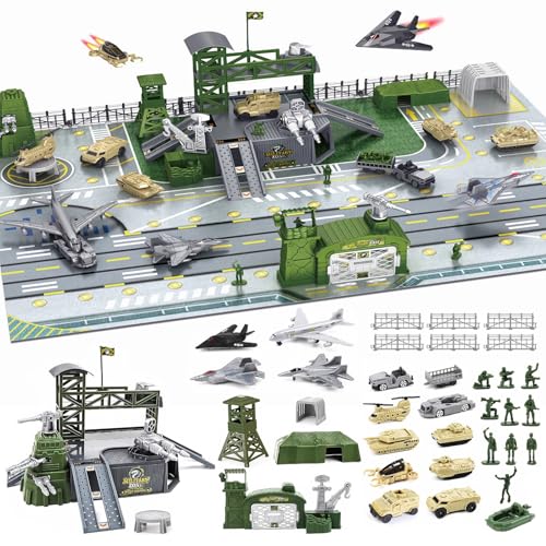 Militär Basis Spielzeug Set, Army Men Playset mit Spielkarte, Militärfahrzeug, Waffenzubehör und Fahrzeugzubehör, tolles Armeespielzeug für Kinder 3+ Jahren Jungen Mädchen