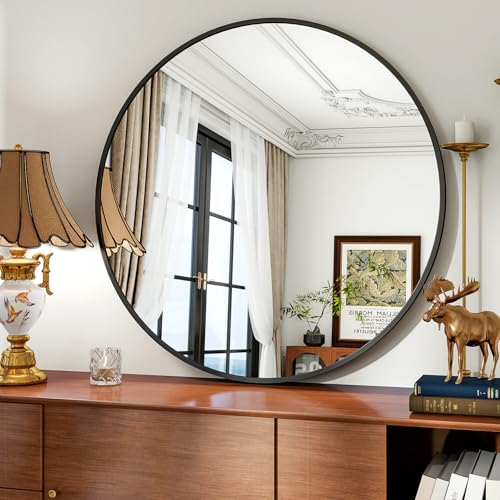 Koonmi 91cm Round Wall Mirror, Circle Bathroom with Metal Frame Hanging Leaning for Entryways, Washrooms, Living Rooms, Black