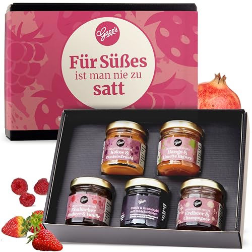 Gepp's Feinkost Frühstück Marmeladen Set I Mini Konfitüren in verschiedenen Geschmacksrichtungen I Geschenk mit Spezialitäten wie Mango Ingwer Erdbeer & Champagner Fruchtaufstrich zu Weihnachten