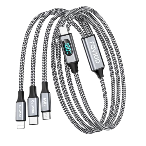 RAVIAD 100W USB C auf Multi Ladekabel [2M] Ladekabel 3 in 1 Schnellladekabel mit LED Display Kabel USBC auf USB C[100W]+Micro[10W]+Lightning[27W] Kompatibel mit iPhone 16 15, Galaxy S24 S23, Pad