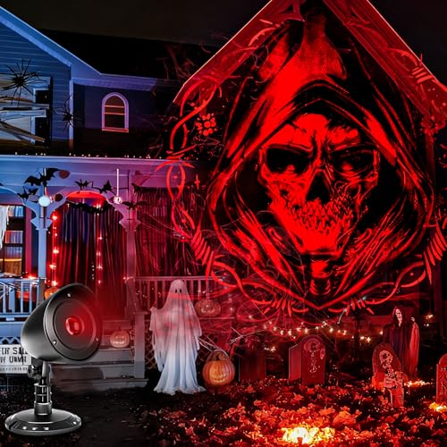Projektor Halloween Deko Outdoor - 3D Rot Skelett Dynamische für Innen Garten Fenster Draußen, Wasserdicht LED Gruselig Halloween Party Deko Set für Tür Wand Hof Dekoration