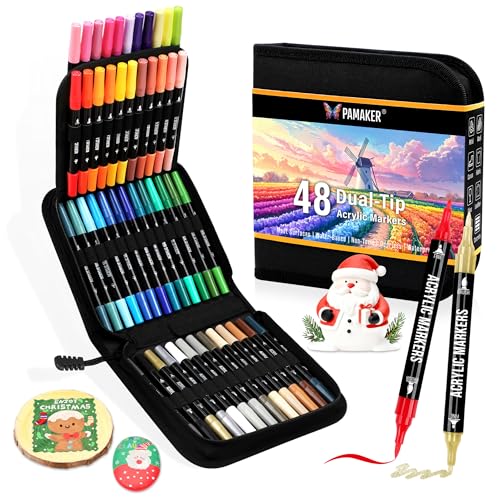 Pamaker 48 Farben Acrylstifte Set – Doppelseitige Spitzen, Multimarker für Steine, Holz, Stoff, Leinwand, Glas, Keramik in Stofftasche – Vielseitige Acrylfarben für Künstler & DIY Projekte