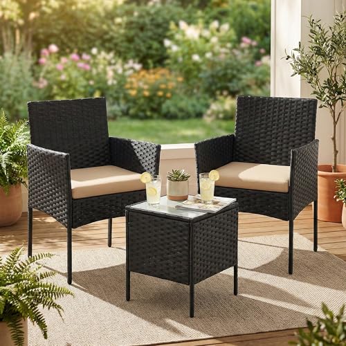 SONGMICS Balkonmöbel, Gartenmöbel-Set, aus PE-Polyrattan, Lounge-Set, Tisch und 2 Stühle, Terrassenmöbel, Outdoor, für Terrasse, Balkon, Garten, schwarz-Taupe GGF003B01