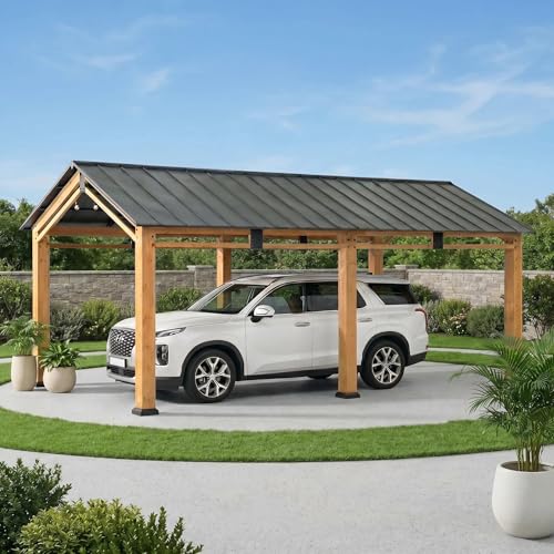 SUNJOY 6 x 3,36 m Garten-Carport aus Zedernholz, mit pulverbeschichtetem Stahldach, Autoschutzdach, Outdoor-Schwerlastgarage, 6 Pfosten (14cm), UV- und Wetterschutz, geeignet für Hof, Veranstaltungen