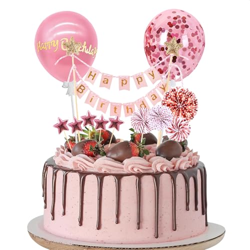Tortendeko Rosa, 12 Stück Happy Birthday Cake Topper, Kuchendeko Geburtstag, Happy Birthday Kuchen Deko, Torten Deko, Tortenaufleger Personalisiert, Cake Decoration Set für Junge Mädchen