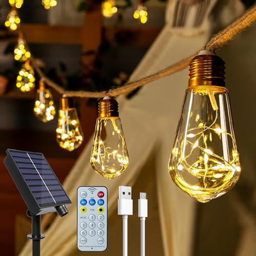 Ollny Solar Lichterkette Aussen, mit 16 S17 Glühbirnen 8M Lichterketten Außen Wetterfest, 8 Modi Timer Dimmbar USB für Vintage Garten Balkon Terasse Hochzeit Party