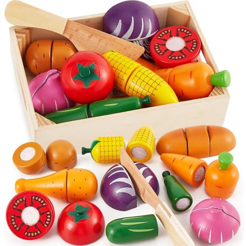 LINFUN KIDS Holz Gemüse zum Schneiden Kinderküche Spielküche Zubehör ,Schneidespielzeug Brot Hähnchenschenkel Lebensmittel Spielzeug Geschenk für Kinder ab 3 4 5 Jahren