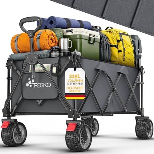 TRESKO® Bollerwagen faltbar 215L mit Bremse | Handwagen klappbar 150kg inkl. Vollgummireifen | Faltbarer Strandwagen Extra Breite All-Terrain-Räder | Transportwagen mit Tragetasche (Anthrazit)