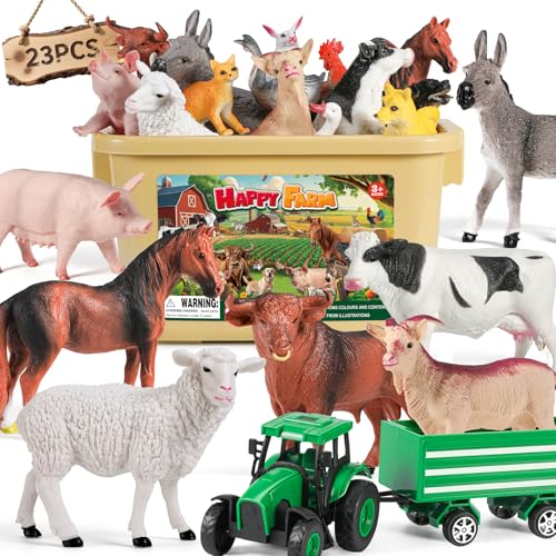 FRUSE Bauernhof Tiere Figuren Spielzeug ab 3 Jahr, 23 Stück Bauernhof Spielzeug mit Realistische Tiere Figuren,Traktor Spielzeugs,Bauernhoftiere Set Lernspielzeug Geschenke für Kinder ab 3 4 5 6 Jahre