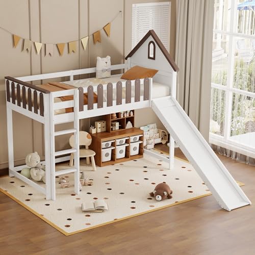 Hochbett, Mit Dach und Fenster, Mit dreistufiger gerader Leiter, Jugendbett, Kinderbett mit Rutsche, Kiefer+MDF, Weiß+Walnuss, 90x200cm