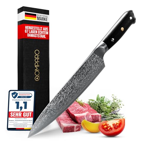 Qomparo Damastmesser Profi Kochmesser 20cm-Klinge, Handgeschmiedete Klinge, 67 Lagen Damaststahl | Japanisches Kochmesser Extrem Scharf, Ergonomischer G-10 Griff inkl Geschenkverpackung