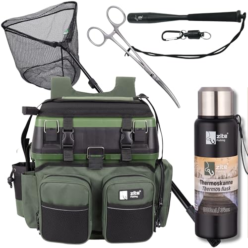 Zite Fishing Multi-Angelkoffer 3-in-1 Set | Angelrucksack + Kescher Gummiert + Hakenlöser + Fischtöter + Thermoskanne 1 Liter Doppelwandig | Angelzubehör Set | Sitzkiepe & Thermosflasche
