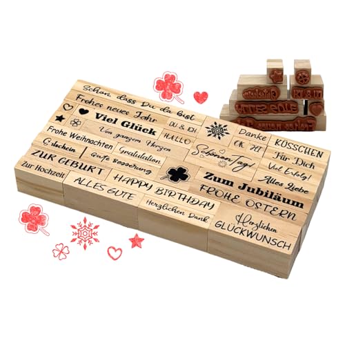 33 Stück Holzstempel mit Sprüchen und Motiven – Stempel Geburtstag