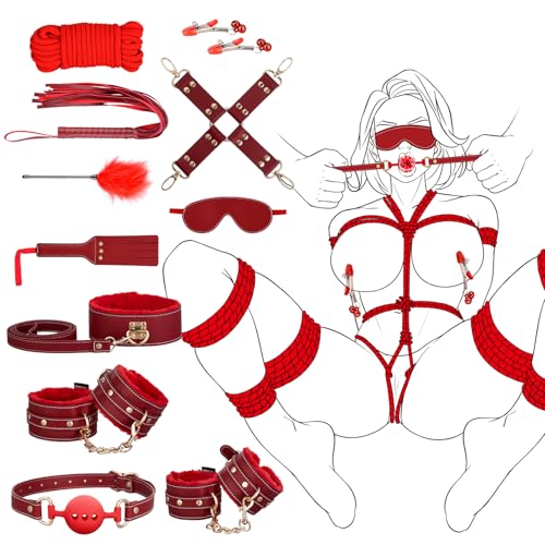 UTIMI Fesseln Set Extrem BDSM - Handschellen Augenbinde Peitsche Nippelklemmen Knebel 11 Stück Erotik SM Sex Spielzeug für Paare Extremer Anfänger und erfahrene Paare