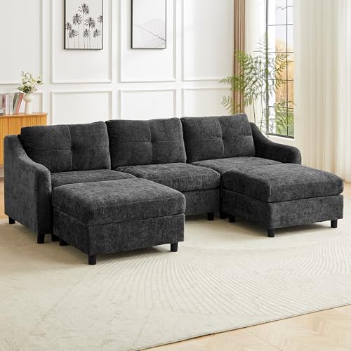 JIEXI Ecksofa Mit Schlaffunktion Kordsofa, L Form Couch, Ecksofa Eckcouch, Schlafsofa, 251cm (Grau 3 Sitze +2 Hocker)