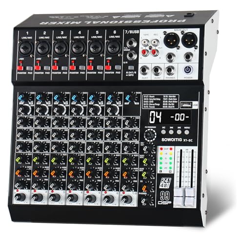 Audio-Mixer 8-Kanal Professionelles Soundmischpult mit 99DSP-Effekten, Kompaktes DJ-Mischpult mit USB, Bluetooth, 48V Phantomspeisung und PAD-Taste für Aufnahme, Karaoke, PA, Schlagzeug und Live-Musik