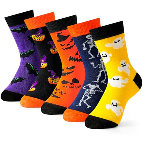 Moyel 5 Paar Halloween Socken Kinder 8-12 Jahre Halloween Accessoires Kinder Party Deko Kürbis Boo Basket Halloween Geschenk Jungen Halloweenkostüm Mädchen