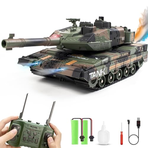 Hitish RC Panzer mit Schießfunktion für Kinder Erwachsene, 2,4G Ferngesteuerter Armee Tank Spielzeug mit Auto-Demo Sound Licht Rauch, 13-Kanal Militärfahrzeugmodell Geschenk für Jungen, Armeegrün