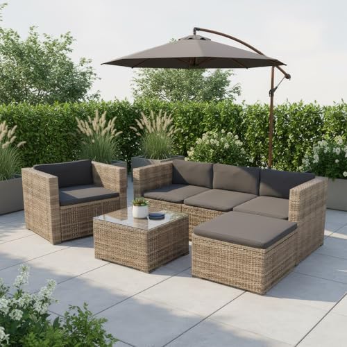 Juskys Polyrattan Lounge Punta Cana L für 4-5 Personen mit 3er Sofa, Sessel, Hocker, Tisch & Kissen, Sitzgruppe für Garten, Terrasse und Balkon, Gartenmöbel Set wetterfest - Grau-meliert