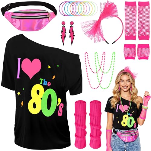 Vervora 80er Jahre Kostüm Damen Set, 80s Outfit Frauen mit T-Shirt Gürteltasche Beinstulpen Netzhandchuhe Neon Schmuck, 80er Jahre Kleidung für Karneval Fasching Mottoparty Disco (XL)