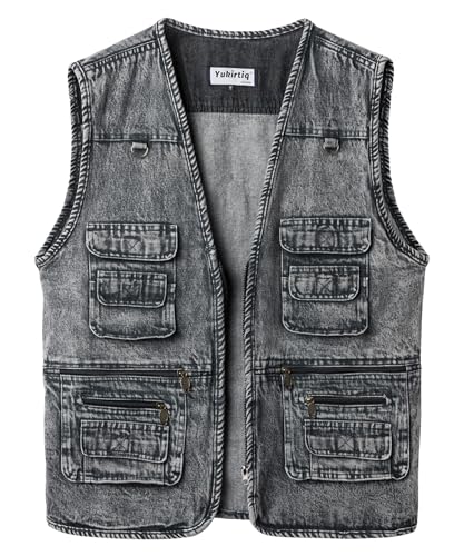 Yukirtiq Herren Jeansweste Kutte Armellos Jeansjacke mit Multi-Taschen Denim Anglerweste Jeans Bikerweste ohne Kragen Motorrad Weste für Männer, Holzkohle, XXL