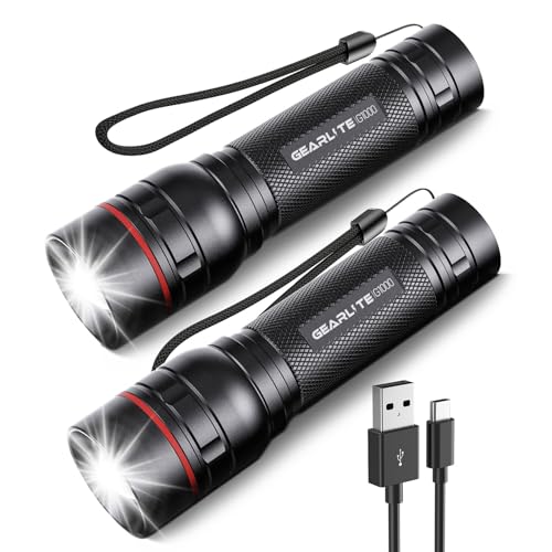 GEARLITE Taschenlampe LED Aufladbar, 2000 Lumen LED Taschenlampe Extrem Hell mit 3 Modi,Zoombare Mini Handlampe mit Langer Laufzeit, IP65 Wasserdicht Flashlight für Camping Outdoor (2, Schwarz)