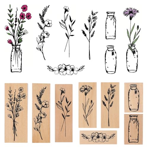 8 Stück Vintage Holzstempel,Blumen und Vasen Stempelset,Pflanze Mustern Stempel Holz,Naturpflanzen Blumen Vintage Motivstempel,für DIY Handwerk Basteln Scrapbooking(1)
