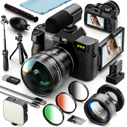 Monitech 64MP 8K Digitalkamera mit drehbarem Display, 16X Digitalzoom, Autofokus, Anti-Shake, Kompaktkamera für Fotografie & Vlogging, YouTube Kamera mit (Schwarz)