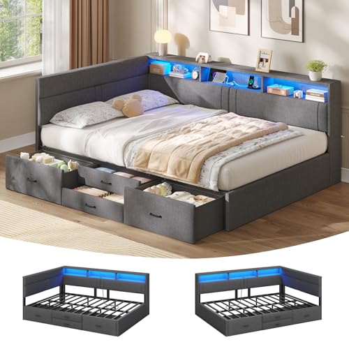 AOGLLATI Polsterbett Schlafsofa 140x200, Doppelbett mit LED-Beleuchtung & Ladestation,Betten 140x200 mit 4 Schubladen und Lattenrost aus Metall,Jugendbett Tagesbett, Leinen Dunkelgrau (ohne Matratze)