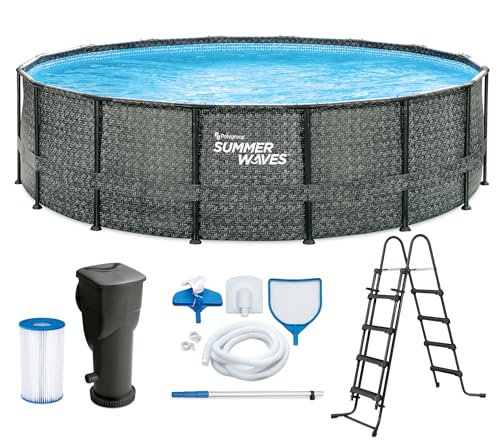 Summer Waves Frame Pool Komplettset | Rund 488x122 cm Rattanoptik Grau | Aufstellpool Set | Gartenpool & Schwimmbecken inkl. Filterpumpe, Einstiegsleiter, Abdeckplane, Bodenvlies & Reinigungsset