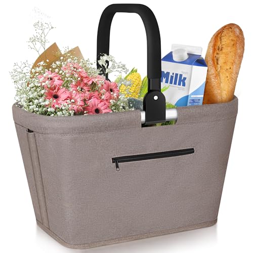 35L Einkaufskorb Faltbar mit 2 Stützstangen, Stabiler Einkaufstasche Familie mit Aluminium Griff wasserabweisendes Picknickkorb Praktischer Tragekorb Groß für Reisen Camping Einkaufen Geschenk - Khaki