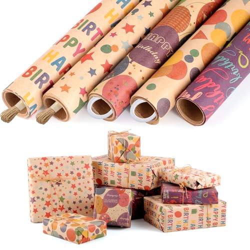 woric 5 Rollen Geschenkpapier Geburtstag, 43cm x 3m Geschenkpapierrolle Kraftpapier Geschenkpapier Set mit Hanfseil & Klebeband für Kindergeburtstag Hochzeit Babyparty