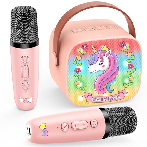 Dislocati Karaoke Maschine mit 2 Bluetooth Mikrofon Kinder, Einhorn Geschenk für Mädchen 3-12 Jahre Karaoke Kinder Mikrofon Spielzeug ab 3-12 Jahre Mädchen Microphone Kinder Pferde Mädchen Geschenk
