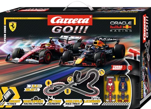 Carrera GO Speed Zone – Formel-1-Rennbahn Set mit Red Bull RB21 M. Verstappen No.1 und Ferrari SF-25 L. Hamilton No.44 – Slotcar Bahn 1:43 mit Looping und 6,3 m Strecke für packende Duelle
