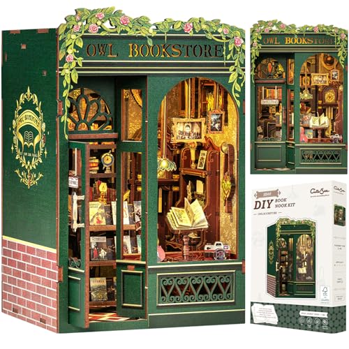 CUTEBEE Book Nook Kit Owl Bookstore - DIY Miniatur Haus mit LED, 3D Puzzle Erwachsene, Mini Puppenhaus als Bücherregal Deko, Miniatur Bibliothek Bausatz für Kreative, Geschenk für Erwachsene