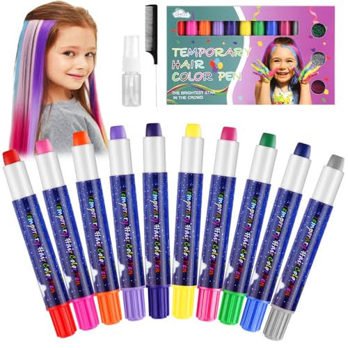 Hair Chalk 10 Farben Haarkreide für Kinder, Temporäre Haarfärbestifte Ungiftig & Auswaschbar, Haarkreide für Mädchen mit Kamm und Sprühflasche, Haarfärbe Stifte für Temporäre Einfärbung, Bunte Haare