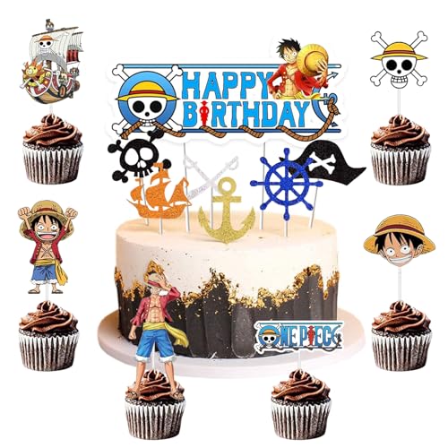 Ctxtqtdt 25 Stück One Piec Tortendeko Jungen, One Piec Kuchen Deko Kindergeburtstag, Cake Topper Set, Happy Birthday Topper für Kinder Geburtstag Party Kuchen Dekoration Supplies (A)