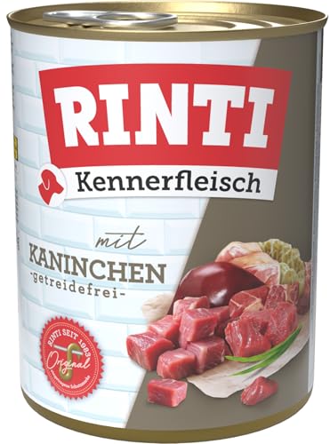 RINTI - Kennerfleisch | Nassfutter mit 70% Fleisch für ausgewachsene Hunde. Getreidefreies Alleinfutter in der Dose ohne Soja, Farb- und Konservierungsstoffe | 12x800g Kaninchen