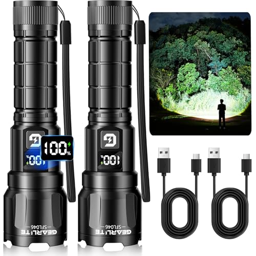 GEARLITE Taschenlampe LED Aufladbar 2Stück, 3 Lichtmodi 6000LM Superhelle Zoombares Taschenlampen mit LCD Batterie Display, IP65 Wasserdichte & XHP70.2 Taktische Handlampe für Camping Wandern, Notfäll