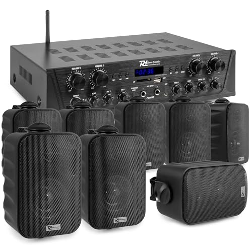 Power Dynamics 4-Zonen Verstärker mit Bluetooth & 8x Outdoor Lautsprecher Boxen – 400W Hifi Set mit 100m Kabel, USB/Radio – Wasserdichtes Soundsystem, 4 Kanal Endstufe für Gastronomie, Zuhause Schwarz