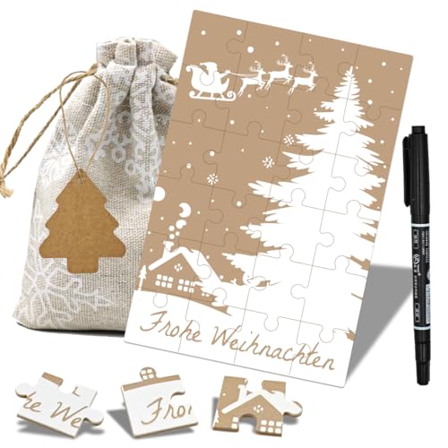 Gutschein Puzzle Weihnachten 24 teilig, ZEACKUQ Gutscheine zum Selber Ausfüllen Weihnachten, Gutscheinkarte Weihnachtskarten mit Säckchen Gutschein Verpackung Geschenk für Kinder Frauen Freundin