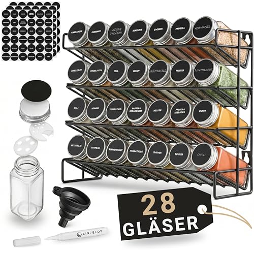 LINFELDT Gewürzregal 28 Gläser - 108 Sticker + Stift + Schrauben zum Hängen - Gewürzregal Stehend - Gewürzgläser mit Regal ohne Gewürze - 34,5x25x11,5