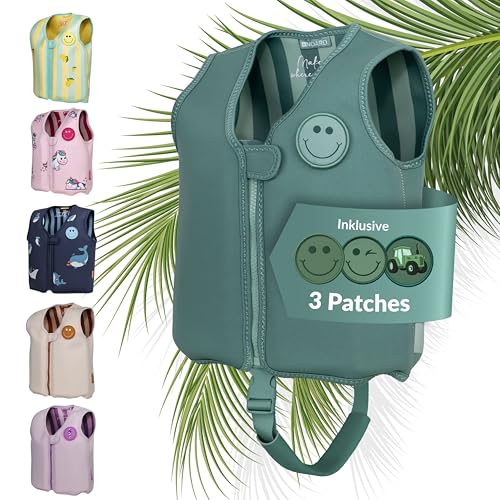 NOARD Kinder Schwimmweste | Schwimmhilfe Simply Green | Größe L | 3-6 Jahre | 19-30 kg | geprüft nach EN 13138-1:2021 | Herausnehmbare Schwimmkörper | 40+ Patches zum Personalisieren