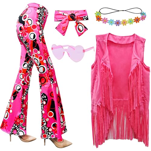 XonyiCos 6 Stück 60er 70er Jahre Hippie Kostüm Disco Outfits Fransenweste Boho Schlaghosen Frieden Zubehör Set Halloween für Frauen Karnevalskostüm (Rosa, S)