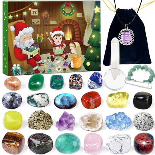 Edelstein Adventskalender, Weihnachts Countdown Kalender 2025, 24 Stück Natürliche Kristalle, Edelsteine und Mineralien zum Sammeln und Lernen, Weihnacht Geschenk für Kinder-Deutsche Ausgabe