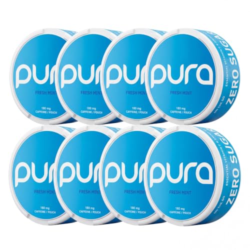 Pura Energy Koffein Pouches ohne Nikotin | 180 mg natürliches Koffein | Zuckerfrei mit Vitamin C & Taurin | 20 Beutel pro Dose (1, Fresh mint)